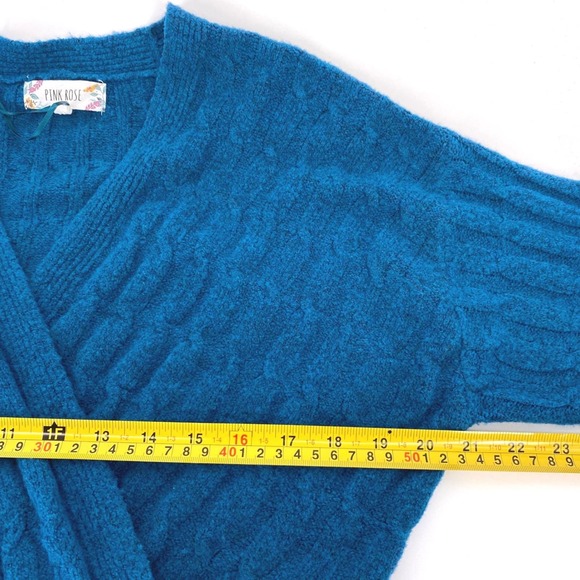 Teal Blue Cable Knit Wrap V Neck Sweater Size M Soft Balletcore Coquette Cottage - Picture 8 of 10